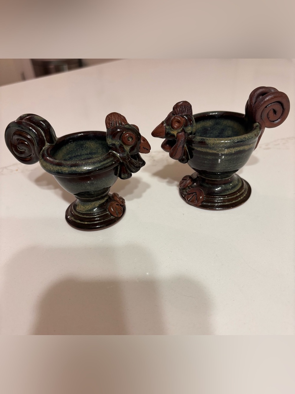 Pair of Signed Clement Studio Pottery Rooster Egg Cups Hand-Sculpted terracotta